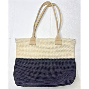 The Sak Two-Tone Crochet Tote Bag – Black Cream Knit Shoulder Purse Handbag